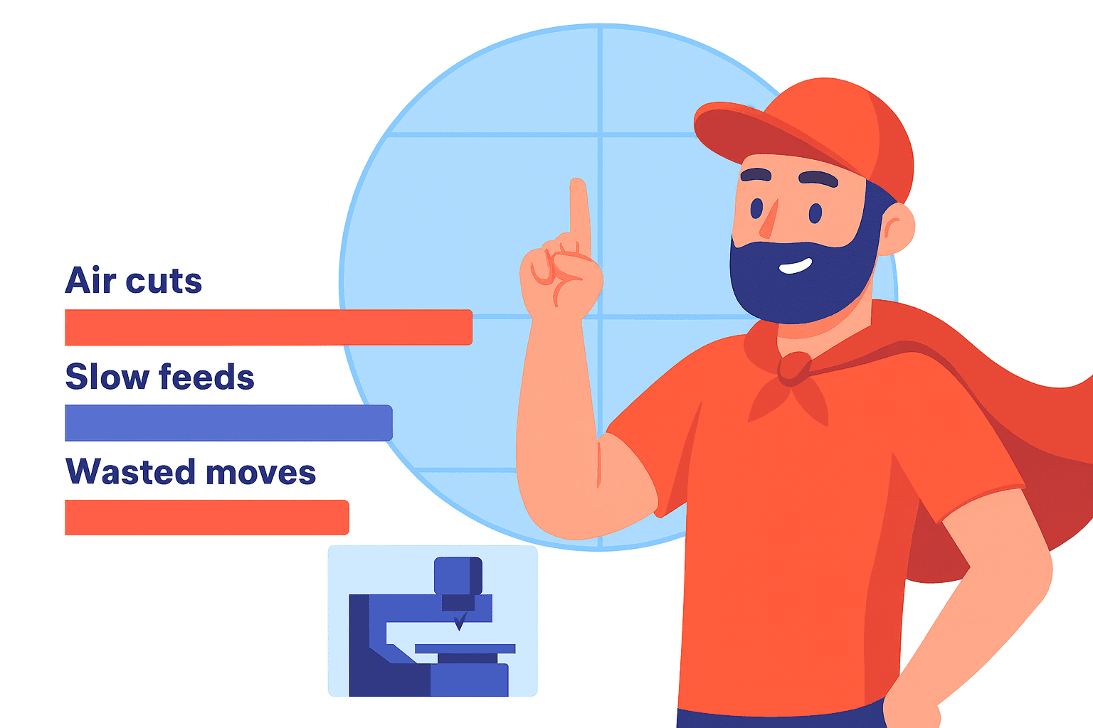 A man in red polo and red hat happy to see air cuts, slow feeds and wasted moves improved.