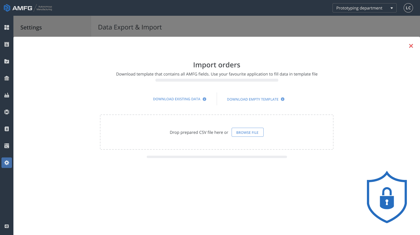 AMFG rapid quoting software screenshot with a shield icon.