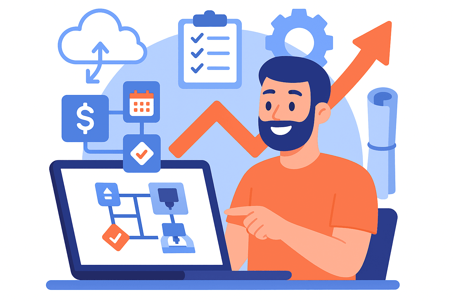 A man in orange shirt sitting in front of computer.